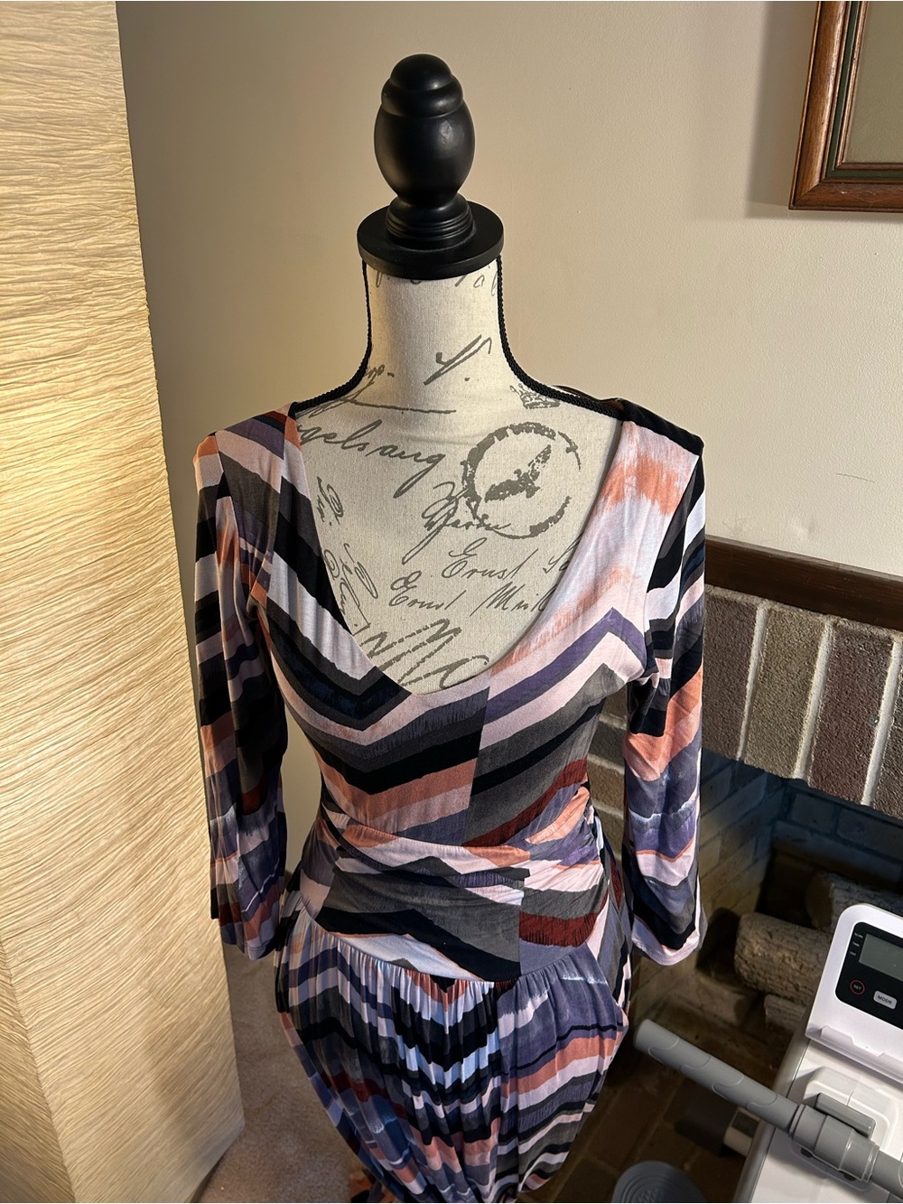 Maeve Striped V-Neck Long Sleeve Dress in Black, Pink, Cream and Blue